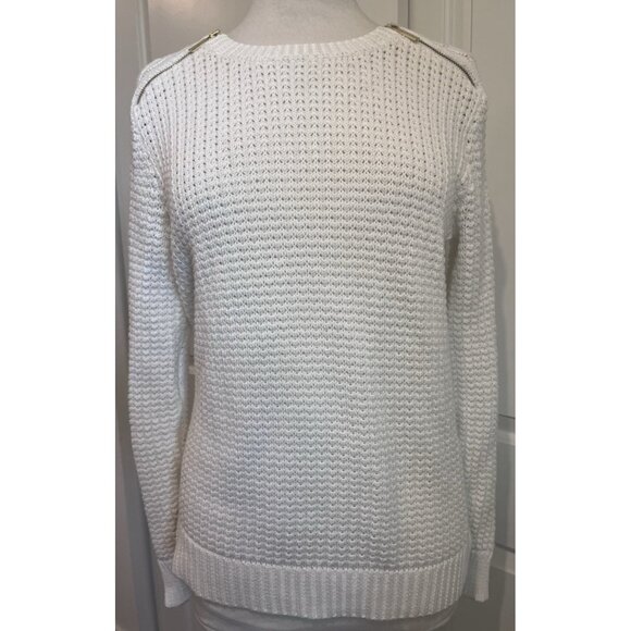 Michael Kors L Winter White Shaker Knit Sweater Gold Zippers Cotton Blend Heavy - Picture 1 of 14